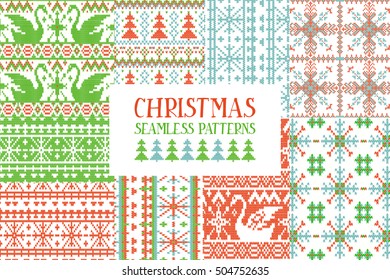 Set of 9 traditional knitted Christmas patterns. fashion style pattern background with tribal shape elements. Vector illustration. All patterns are seamless. They are placed in the mask.