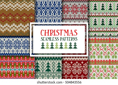 Set of 9 traditional knitted Christmas patterns. fashion style pattern background with tribal shape elements. Vector illustration. All patterns are seamless. They are placed in the mask.