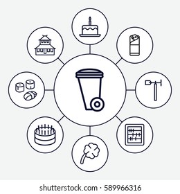 Set of 9 traditional outline icons such as temple, cake with one candle, trash bin, abacus, burrito, weather vane, clover, sushi