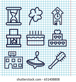 Set of 9 traditional outline icons such as whirligig, spa building, clover, cake, hourglass, cuckoo clock, mace