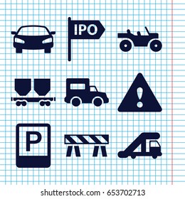 Set of 9 traffic filled icons such as truck crane, barrier, cargo wagon, parking, car, warning, truck, direction