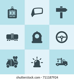 Set of 9 traffic filled icons such as siren, tow truck, car mirror, cistern, teddy bear in truck, signpost, steering wheel