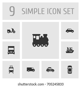 Set Of 9 Traffic Icons Set.Collection Of Scooter, Truck, Boat And Other Elements.