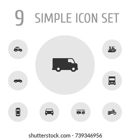 Set Of 9 Traffic Icons Set.Collection Of Caravan, Boat, Motorbike And Other Elements.