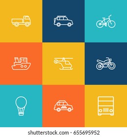 Set Of 9 Traffic Outline Icons Set.Collection Of Air Balloon, Taxi, Truck And Other Elements.