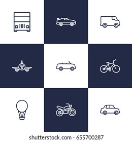Set Of 9 Traffic Outline Icons Set.Collection Of Coupe, Lorry, Air Balloon And Other Elements.