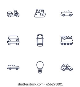 Set Of 9 Traffic Outline Icons Set.Collection Of Front View, Top, Coupe And Other Elements.