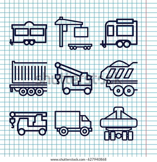 Set of 9\
trailer outline icons such as truck with hook, trailer, cargo\
truck, cargo plane back view, cargo\
trailer