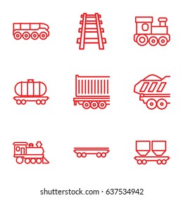 set of 9 train outline icons such as train toy, cargo wagon, locomotive, railway, cargo trailer