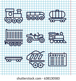 Set of 9 train outline icons such as arrival table, train toy, cargo wagon, locomotive, cargo trailer