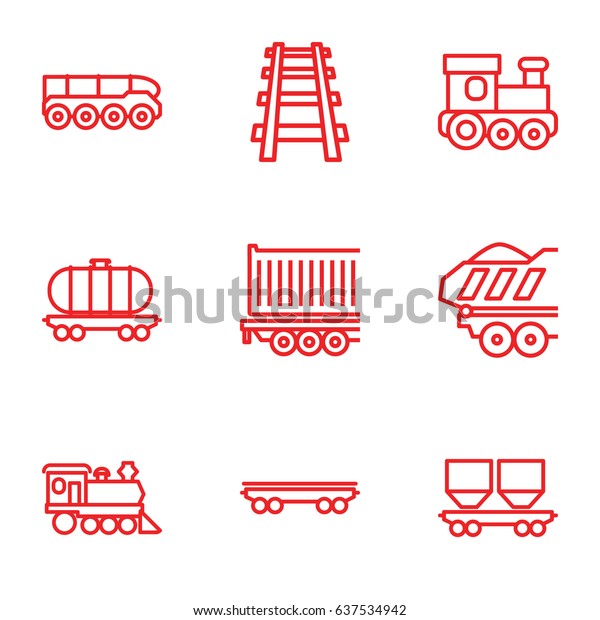 set of 9 train outline\
icons such as train toy, cargo wagon, locomotive, railway, cargo\
trailer