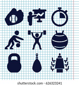 Set of 9 training filled icons such as barbell, meeting, basketball player, power lifter, baseball glove, stopwatch, teacher, fit ball