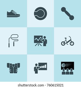 Set of 9 training filled icons such as lecturer, tennis ball, american football jacket, sport conference, dumbbell, trainer, skipping rope
