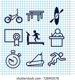 Set of 9 training filled and outline icons such as treadmill, bicycle, rowing, stopwatch, diploma, running, teacher