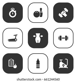 Set Of 9 Training Icons Set.Collection Of Bodybuilding, Drink, Slimming And Other Elements.