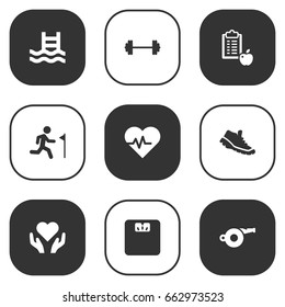 Set Of 9 Training Icons Set.Collection Of Dumbbell, Basin, Regime And Other Elements.