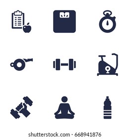 Set Of 9 Training Icons Set.Collection Of Bodybuilding, Barbell, Timer And Other Elements.