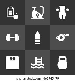 Set Of 9 Training Icons Set.Collection Of Body Balance, Regime, Slimming And Other Elements.