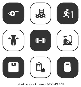 Set Of 9 Training Icons Set.Collection Of Slimming, Blower, Weights And Other Elements.