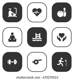 Set Of 9 Training Icons Set.Collection Of Hartbeat, Blower, Meditate And Other Elements.