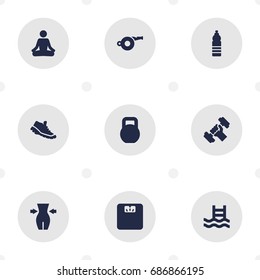 Set Of 9 Training Icons Set.Collection Of Drink, Slimming, Sneakers And Other Elements.
