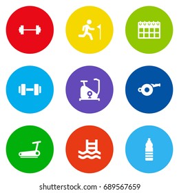 Set Of 9 Training Icons Set.Collection Of Running, Drink, Training Bicycle And Other Elements.
