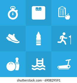 Set Of 9 Training Icons Set.Collection Of Running, Basin, Timer And Other Elements.