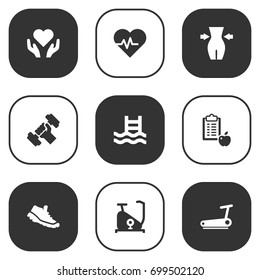 Set Of 9 Training Icons Set.Collection Of Treadmill, Bodybuilding, Regime And Other Elements.