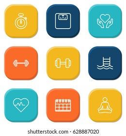 Set Of 9 Training Outline Icons Set.Collection Of Scales, Dumbbell, Barbell And Other Elements.