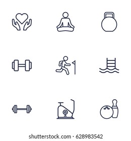 Set Of 9 Training Outline Icons Set.Collection Of Training, Exercise Bike, Kettlebells And Other Elements.