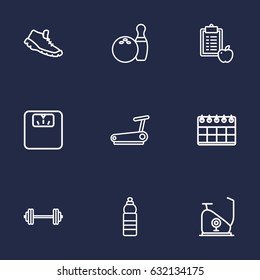 Set Of 9 Training Outline Icons Set.Collection Of Calendar, Exercise Bike, Water Bottle And Other Elements.