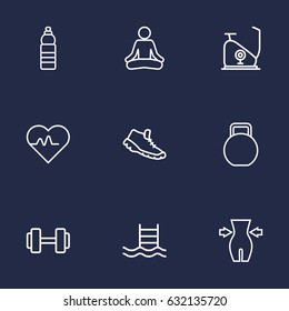 Set Of 9 Training Outline Icons Set.Collection Of Exercise Bike, Kettlebells, Yoga And Other Elements.