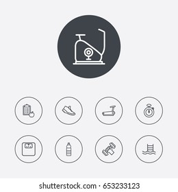 Set Of 9 Training Outline Icons Set.Collection Of Stopwatch, Trekking Shoes, Scales And Other Elements.