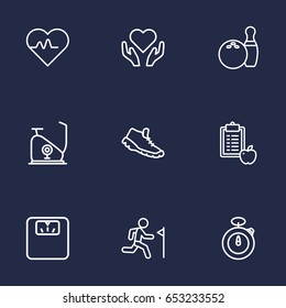 Set Of 9 Training Outline Icons Set.Collection Of Trekking Shoes, Training, Pulse And Other Elements.