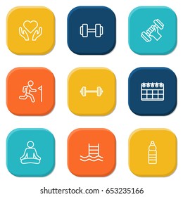 Set Of 9 Training Outline Icons Set.Collection Of Barbell, Dumbbell, Pool And Other Elements.