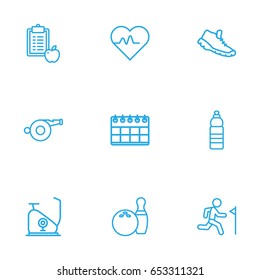 Set Of 9 Training Outline Icons Set.Collection Of Water Bottle, Bowling, Trekking Shoes And Other Elements.