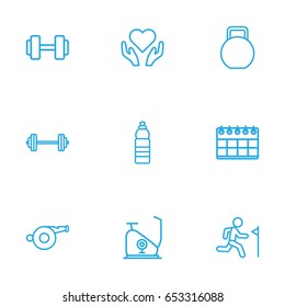 Set Of 9 Training Outline Icons Set.Collection Of Water Bottle, Health Care, Exercise Bike And Other Elements.