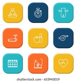 Set Of 9 Training Outline Icons Set.Collection Of Calendar, Weight Loss, Bowling And Other Elements.