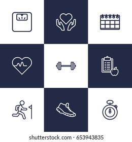 Set Of 9 Training Outline Icons Set.Collection Of Stopwatch, Training, Barbell And Other Elements.