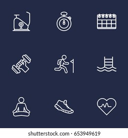 Set Of 9 Training Outline Icons Set.Collection Of Pool, Workout, Pulse And Other Elements.