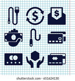 Set of 9 transfer filled icons such as credit card, handle with care, wire, envelope with dollar bill, money exchange