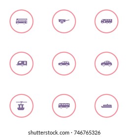 set of 9 transport elements such as bus, car, ship, caravan and other icons