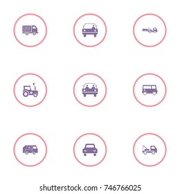 set of 9 transport elements such as car, tractor, van, lorry and other icons