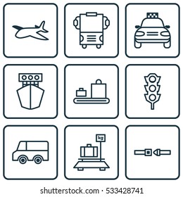 Set Of 9 Transport Icons. Can Be Used For Web, Mobile, UI And Infographic Design. Includes Elements Such As Baggage, Lorry, Plane And More.