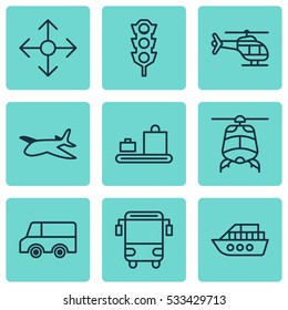 Set Of 9 Transport Icons. Can Be Used For Web, Mobile, UI And Infographic Design. Includes Elements Such As College Transport, Stoplight, Aircraft And More.