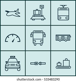 Set Of 9 Transport Icons. Can Be Used For Web, Mobile, UI And Infographic Design. Includes Elements Such As College Transport, Plane, Speed Checker And More.