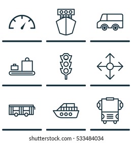 Set Of 9 Transport Icons. Can Be Used For Web, Mobile, UI And Infographic Design. Includes Elements Such As Ship, Speed Checker, Road Pointer And More.