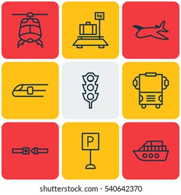 Set Of 9 Transport Icons. Includes Baggage, Safety Belt, Plane And Other Symbols. Beautiful Design Elements.