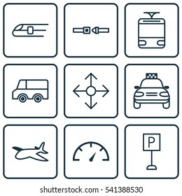 Set Of 9 Transport Icons. Includes Road Pointer, Speed Checker, Lorry And Other Symbols. Beautiful Design Elements.
