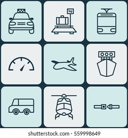 Set Of 9 Transport Icons. Includes Baggage, Ship, Streetcar And Other Symbols. Beautiful Design Elements.